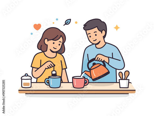 Everyday family care shown through quiet shared routine in a lived-in home space, two adults preparing tea together at a small kitchen counter with simple cups