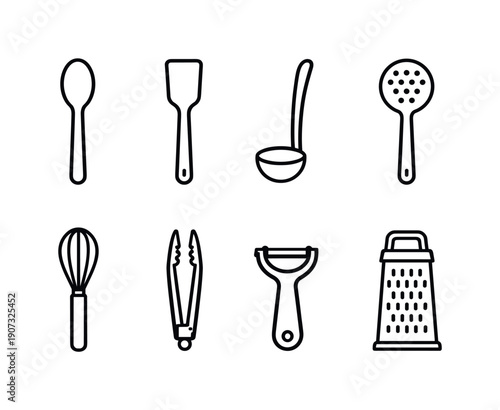 Kitchen Utensil Icons. Home kitchen utensil essentials: wooden spoon, spatula, ladle, slotted spoon, whisk, tongs, peeler, grater