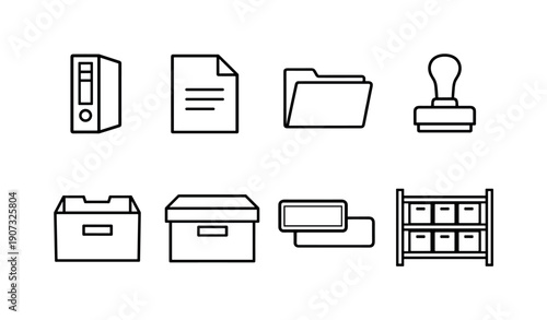 Logistics documentation materials linear style: binder, paper sheet, folder, stamp, file box, archive box, label sticker, storage shelf