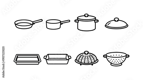 Kitchen Cookware Icons. Home kitchen cookware essentials: frying pan, saucepan, stockpot, lid, baking tray, roasting dish, steamer basket, colander