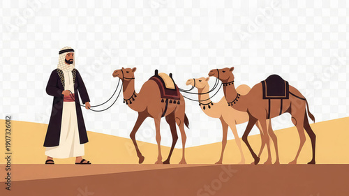Man leading three camels through desert landscape with sand dunes