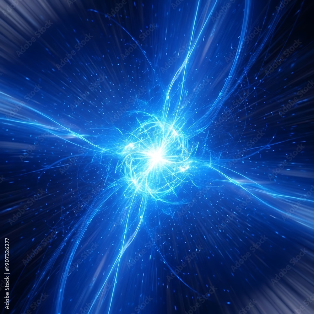 Fototapeta premium Brilliant luminous energy emanating from a central point in a dark blue cosmic expanse