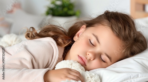 Girl resting with teddy bear. Young girl sleeping calmly with teddy in soft morning light