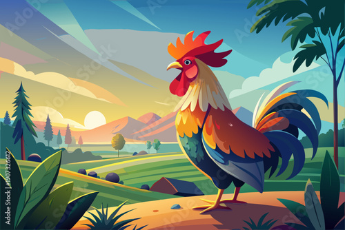Proud rooster with vibrant colorful feathers crowing at dawn in misty field as sun rises creating peaceful rural morning atmosphere nature wildlife scene