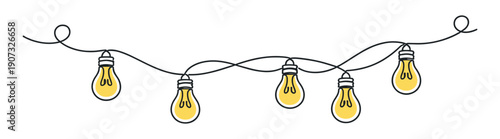 Hand drawn string lights garland with glowing bulbs, decorative festoon lighting doodle line vector illustration on transparent background