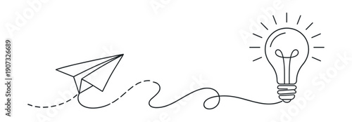 Paper plane flying to light bulb idea concept continuous one line vector illustration on transparent background