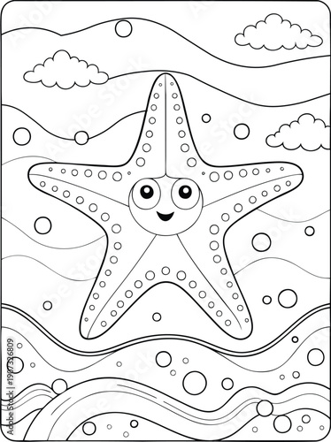 Cheerful cartoon starfish coloring page with happy eyes under the sea and sky, for children's activity