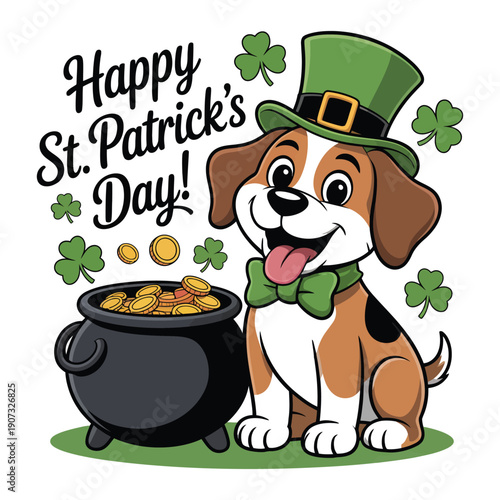 A cartoon beagle dog wearing a green hat and bow tie, sitting next to a pot of gold coins on St. Patrick's Day.