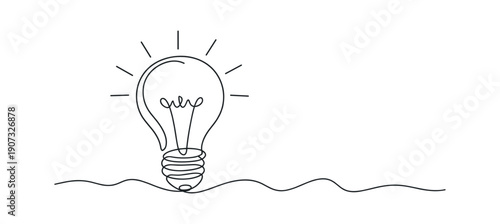 Minimalist continuous line drawing of light bulb, creative idea and innovation concept, modern single line vector illustration on transparent background