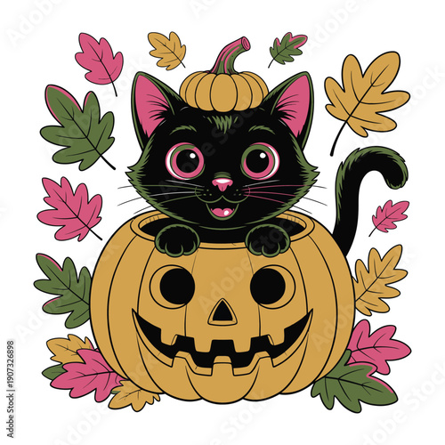 A black cat sitting in a jack-o-lantern surrounded by colorful autumn leaves on a white background