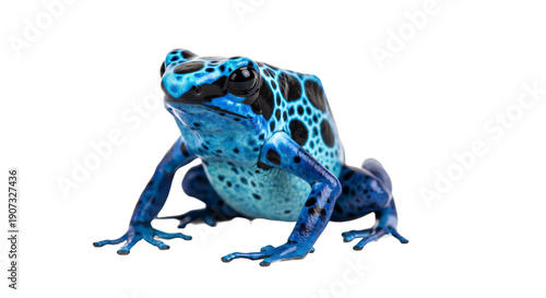 Vibrant blue poison dart frog with black spots, isolated on transparent background