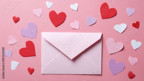 Romantic flat lay with envelope and hearts for Valentine's Day
