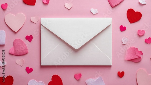 Love letter envelope with paper craft hearts on pink background