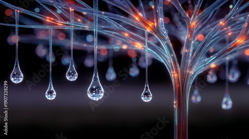 Tree with many drops of water hanging from it. The drops are clear and the tree is lit up with bright colors