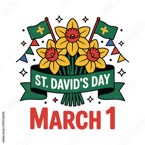 A colorful illustration celebrating St. David's Day on March 1 with daffodils and flags
