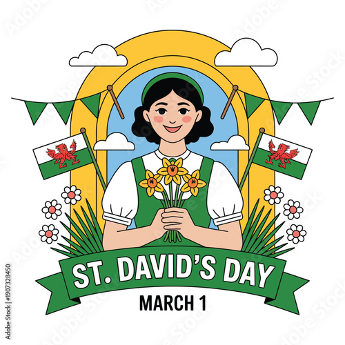 A cartoon woman in traditional Welsh attire holding daffodils on St. David's Day