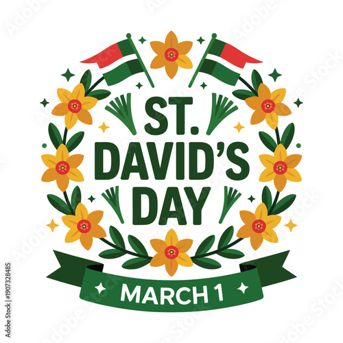 A colorful illustration celebrating St. David's Day on March 1st with flowers and flags