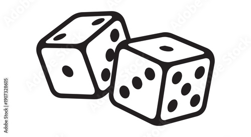 Two white dice with black outlines and dots on a Transparent Background, illustration, simple line art style.