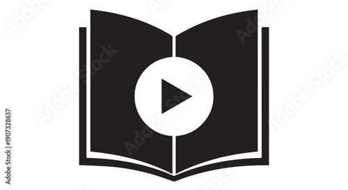 Black and white illustration of an open book with a play button, symbolizing educational video content.