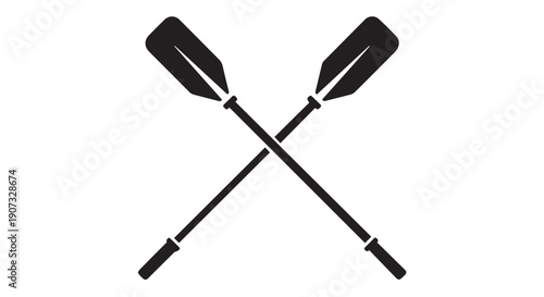 Black silhouette of crossed oars for rowing on a Transparent Background, symbolizing water sports and activities.