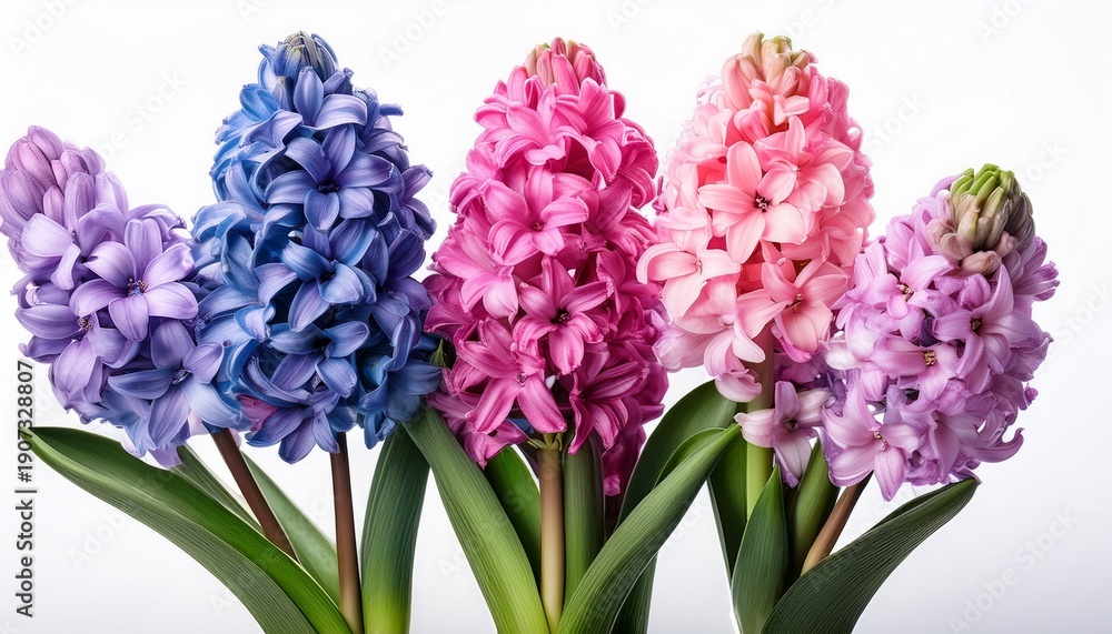 Fototapeta premium Hyacinth Flowers With Stem And Leaves In Pink Purple And Blue Colors Photography Isolated On White Background