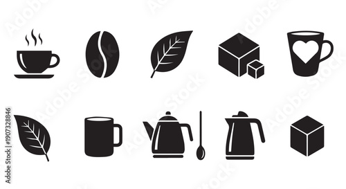 Black icons of coffee cups, coffee beans, sugar cubes, and leaves on Transparent Background, representing a coffee shop or cafe.