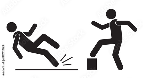 Black silhouette icons depicting a person slipping on a wet floor and another avoiding a box on the ground, warning signs.