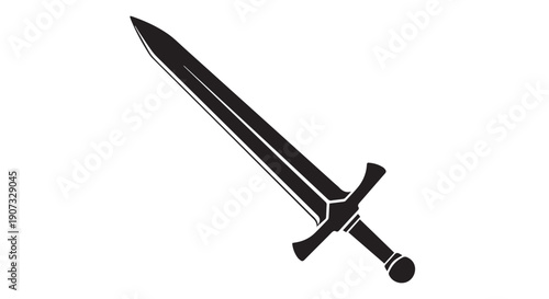A black sword with a pointed tip and a handle on a Transparent Background, medieval weapon icon.
