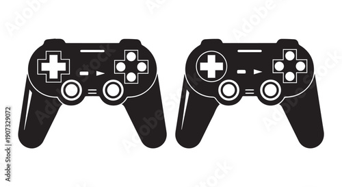 Two black video game controllers with white outlines on a Transparent Background for gaming or entertainment purposes.