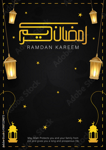 Modern Ramadan Kareem Greeting Card with Golden Lanterns on Black Background, Luxury Islamic Poster Design with Kufic Calligraphy and Gold Stars, Elegant Ramadan Mubarak Banner with Traditional Lanter