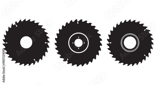 Three circular saw blades with different center designs on Transparent Background, industrial tools for cutting wood.