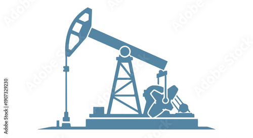 An oil pumpjack or nodding donkey in a blue silhouette, extracting crude petroleum from a well in a industrial setting.