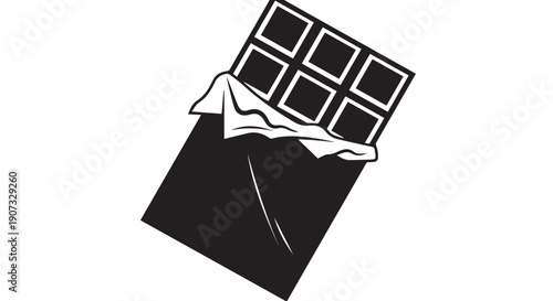 A black and white illustration of a chocolate bar with a bite taken out, isolated on a Transparent Background, showing the smooth dark chocolate texture.