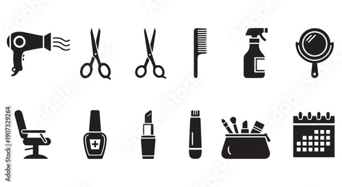 Black icons of various beauty and hair care tools on Transparent Background, including hairdryer, scissors, comb, spray bottle, mirror, salon chair, nail polish, lipstick, and makeup brushes.