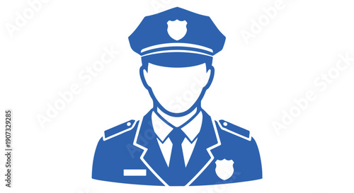Blue silhouette of a police officer in uniform with a badge and hat on a Transparent Background.