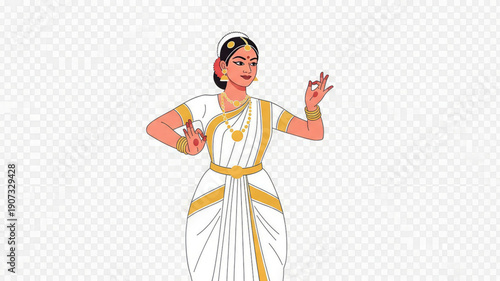 Woman in traditional indian attire performing bharatanatyam dance with gold jewelry