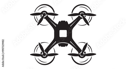 Black silhouette of a quadcopter drone with rotating propellers on a Transparent Background, symbolizing modern technology and aerial innovation.
