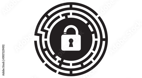 Black and white icon of a padlock in a maze, symbolizing security and protection