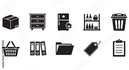 Collection of black and white icons for business, office and household items on Transparent Background
