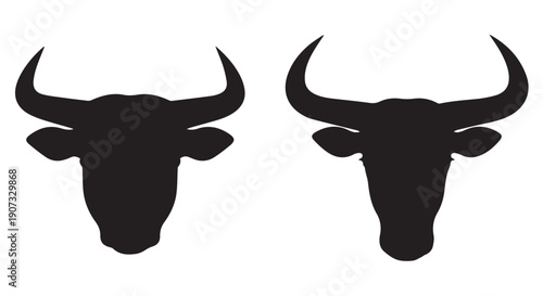 Two black bull head silhouettes with horns on Transparent Background, cattle icons, animal symbols.