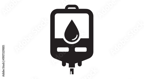 Black silhouette of an IV bag with a drop of blood, medical symbol for donation and transfusion