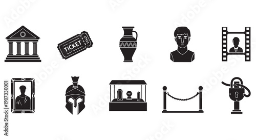 Black icons of museum and cinema elements on Transparent Background, including ticket, bust, vase, and security.
