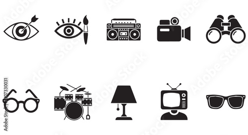 Collection of black and white icons for creative and media concepts, including vision, art, music, and technology symbols.