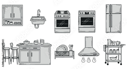A black and white illustration of various kitchen appliances and furniture, including a refrigerator, oven, stove, sink, and cabinets.