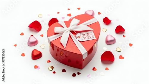 Heart Shaped Gift Box with Ribbon and Hearts.