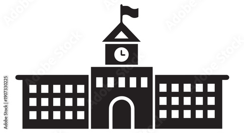 Black silhouette of a school building with clock tower and flag, educational institution icon