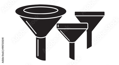 Three black funnel icons in different sizes on Transparent Background for industrial or kitchen use