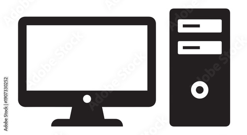 Black computer monitor and tower icon on Transparent Background, symbolizing technology and computing.