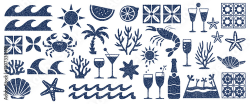 Summer beach elements in navy blue and white: waves, sun, crab, palm tree grunge hand drawn style line art illustrations vector design