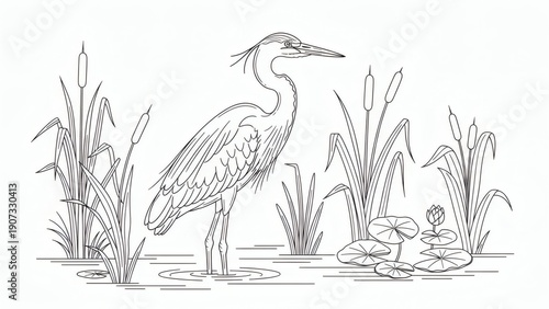 Heron Standing in Wetland with Reeds.
